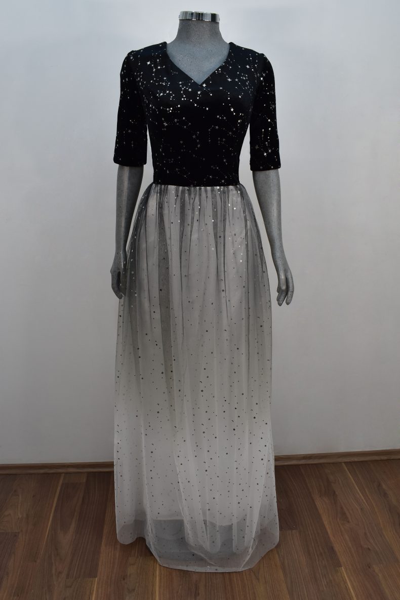 Renta de vestido de fiesta Largo Mod. VL201 color negro blanco