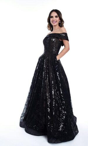 Vestido largo de noche talla 8 corte de princesa color negro con detalles brillosos