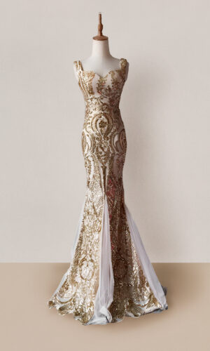 Vestido largo talla 12 color blanco con detalles dorados