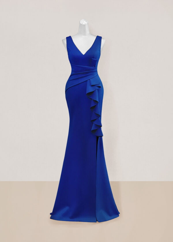 Vestido largo de noche talla 14 color azul con escote en V