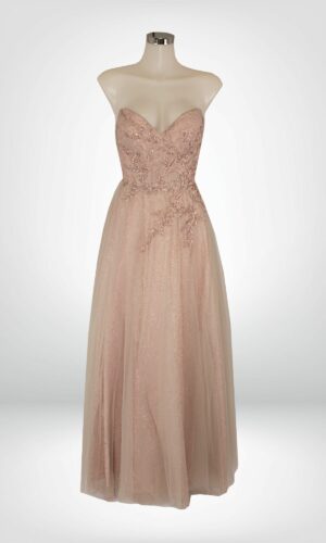 Vestido de noche largo rosa strapless cierre y cordón ajustable en la espalda detalles florales en torso talla 6