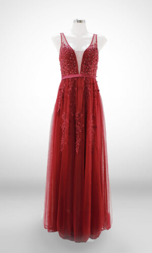 Vestido de noche largo rojo son mangas escote en v detalles florales en falda y torso talla 10