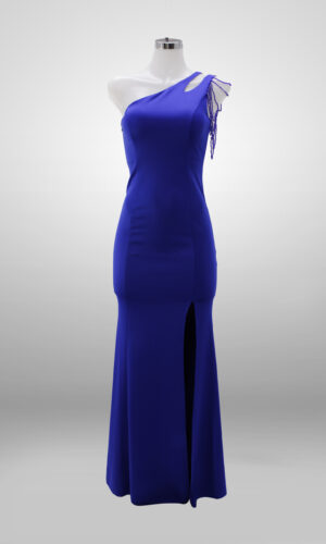 Vestido de noche azul marino largo detalles en hombro escote asimétrico abertura en pierna talla 4