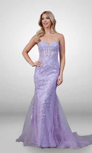 Vestido de noche color lila largo strapless flores 3D en torso y vestido talla 6