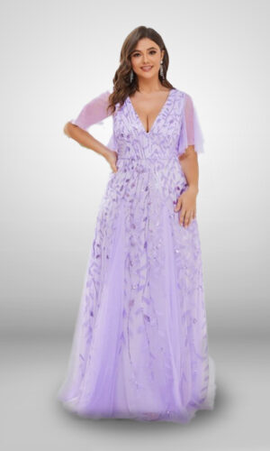 Vestido de noche largo color lila detalles florales escote en v manga corta transparente talla 20