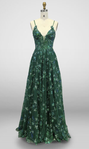 Vestido de noche largo verde esmeralda aplicaciones de lentejuela tirantes escote en v espalda descubierta talla 8