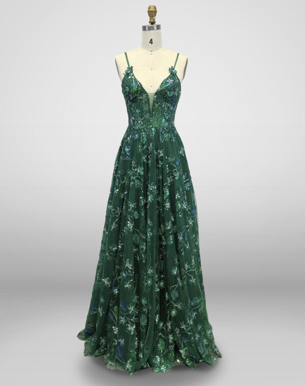 Vestido de noche largo verde esmeralda aplicaciones de lentejuela tirantes escote en v espalda descubierta talla 8
