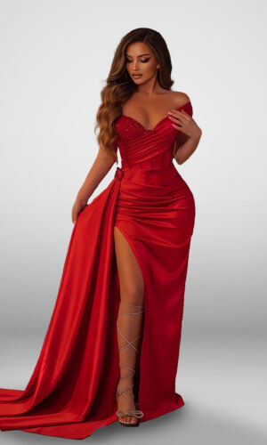 Vestido de noche largo rojo satinado escote corazón hombros descubiertos plisado abertura en pierna talla 16