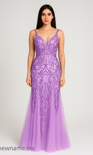 vestido de fiesta color lila corte sirena