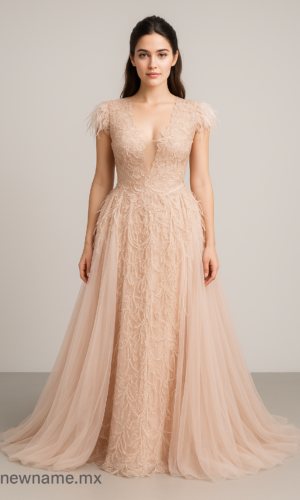 Vestido de noche rosa con plumas