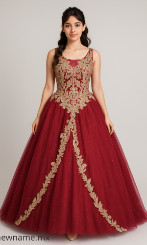 vestido de XV años color rojo con dorado