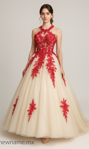 vestido de noche color beige con flores rojas