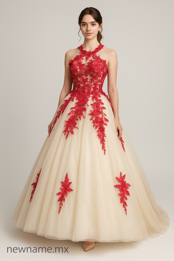 vestido de noche color beige con flores rojas
