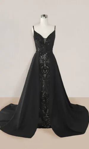 Vestido largo de noche con cola talla 2 color negro con brillos y escote en V
