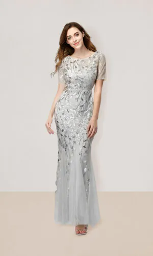 vestido de noche plateado talla 16 manga corta