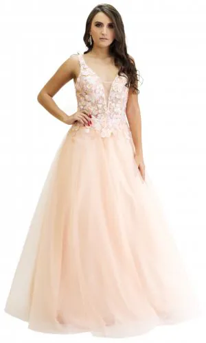 Vestido de noche largo durazno escote en v cierre en la espalda aplicaciones florales y transparencia en torso talla 8