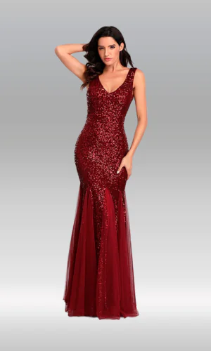 Vestido largo de noche talla 8 color vino sin mangas con escote en v aplicación de lentejuelas cierre en la espalda