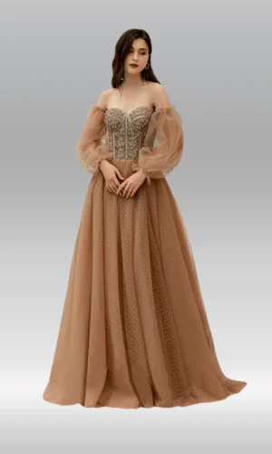 Vestido de noche largo talla 10 color café con mangas desmontables y detalles florales en corsé