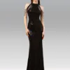 Vestido de noche negro largo flequillos en hombros lentejuelas talla 10