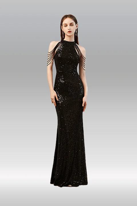 Vestido de noche negro largo flequillos en hombros lentejuelas talla 10