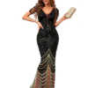 Vestido largo de noche talla 10 color negro con detalles dorados de manga corta flequillos en hombros