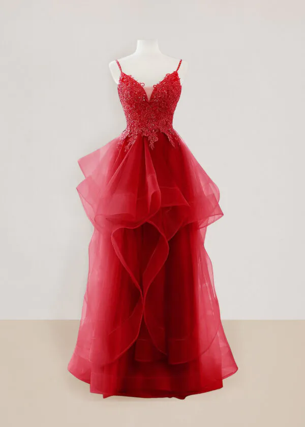 Vestido largo talla 4 color rojo con olanes y escote en V