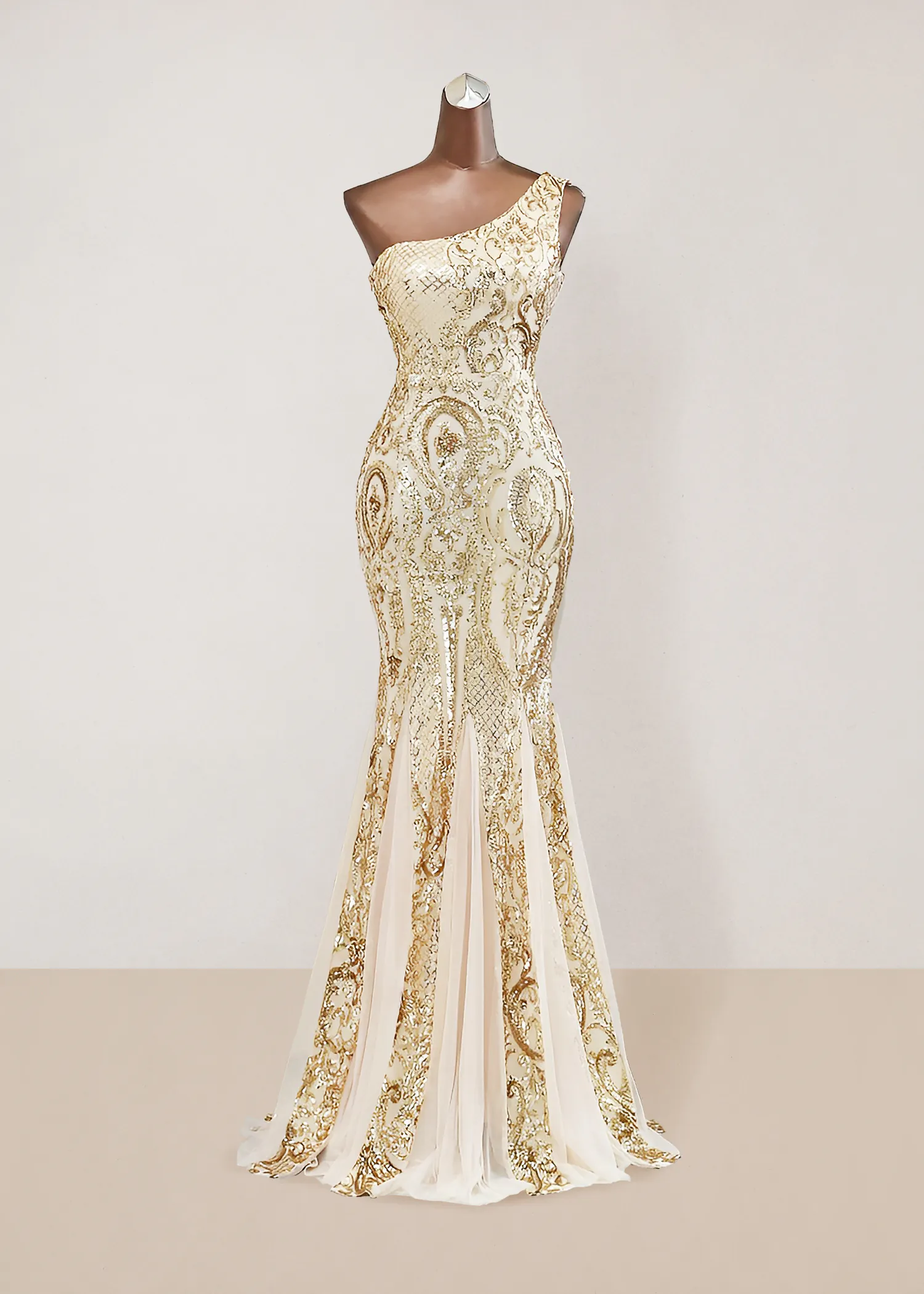 Vestido de noche largo talla 10 y 8 color dorado escote asimétrico aplicación de lentejuelas