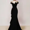 Vestido de noche largo negro hombros descubiertos abertura en pierna talla 10