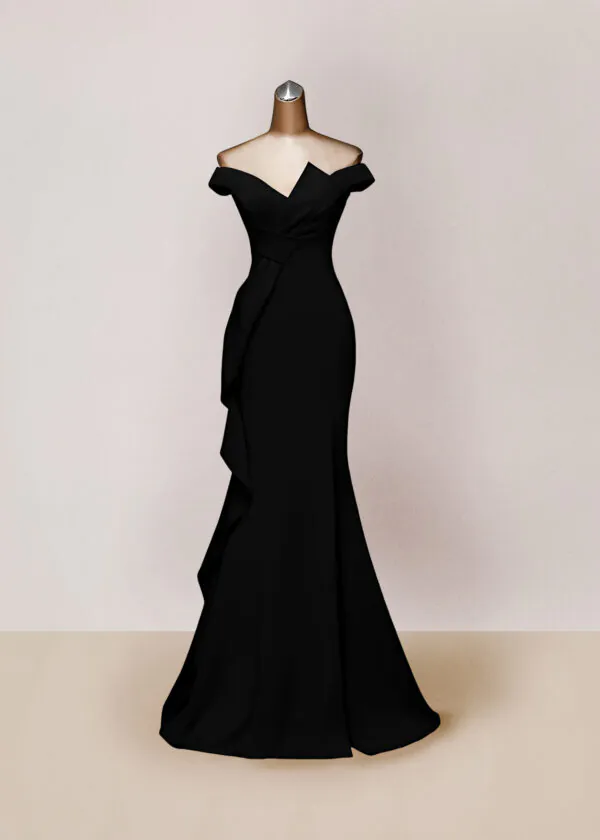 Vestido de noche largo negro hombros descubiertos abertura en pierna talla 10