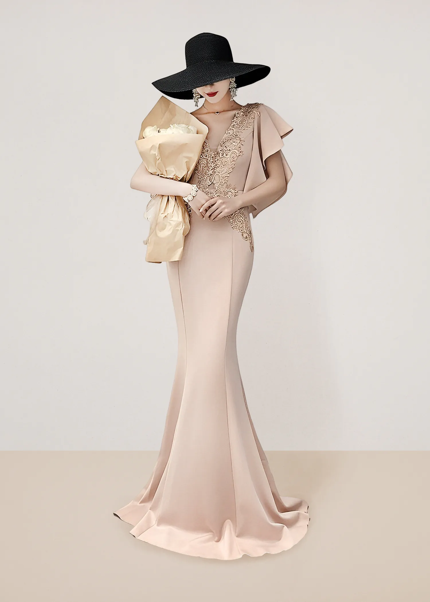 Vestido largo talla 6 color rosa palo con mangas de olanes