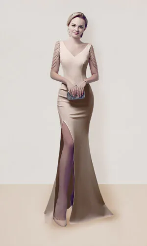 Vestido de noche largo talla 6 color beige con escote en V abertura en pierna y detalles en hombros