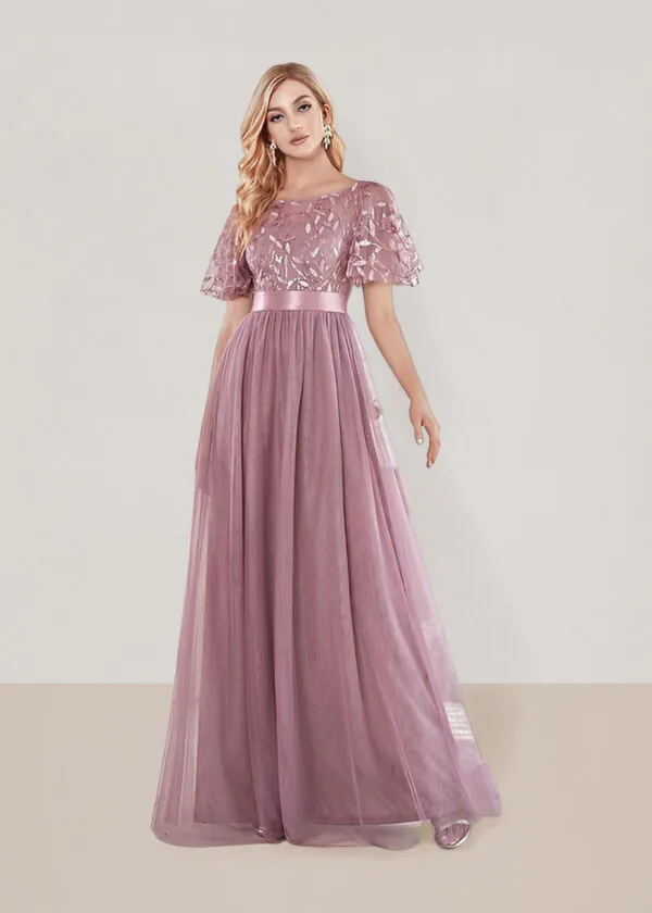 Vestido largo talla 26 colo lila con manga de campana