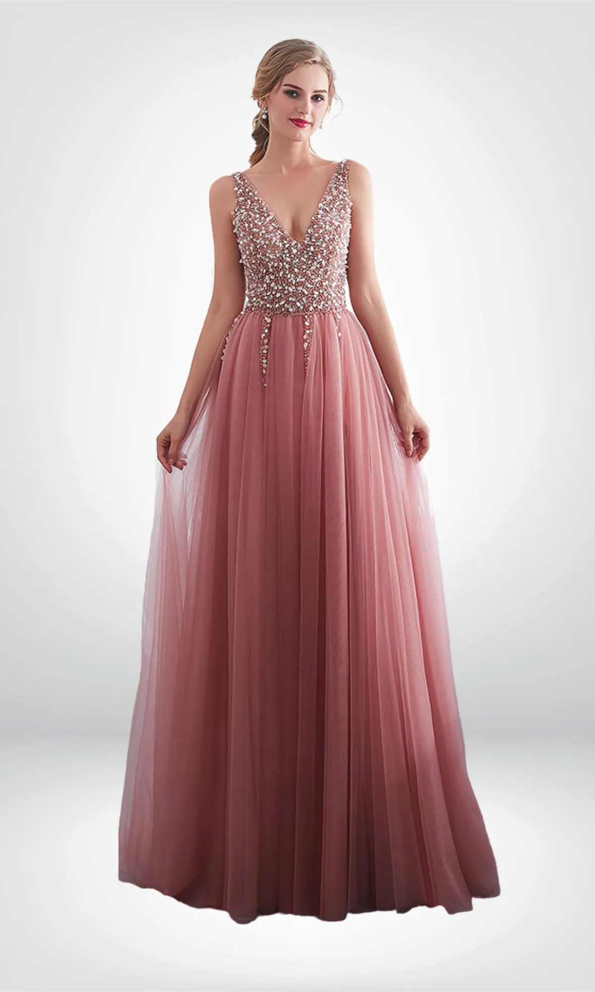 Vestido de noche largo rosa pedrería en torso escote en v tul y abertura en pierna cinta ajustable en la espalda talla 10