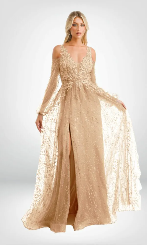 Vestido de noche largo nude manga larga escote en v y abertura en pierna talla 16