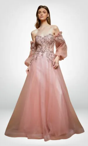 Vestido de noche rosa largo mangas farol cierre en la espalda detalles florales bordados en el torso tallas 10 y 20