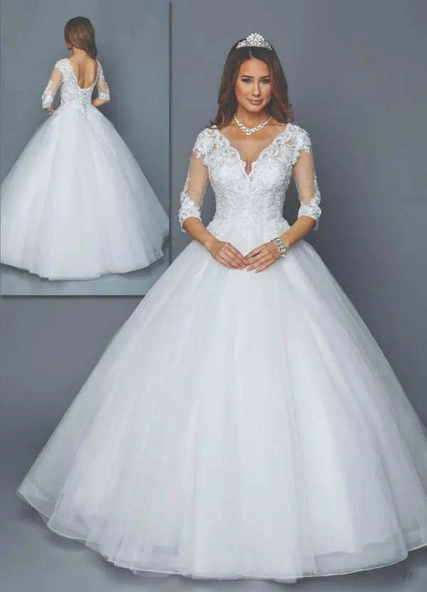 Vestido de novia blanco largo, corte v en busto, espalda descubierta. Talla 16