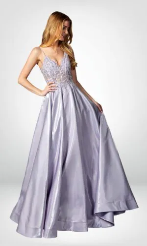 Vestido de noche largo lila tirantes transparencia en torso y detalles florales talla 16