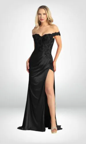 Vestido de noche largo negro hombros descubiertos y abertura en pierna talla 16