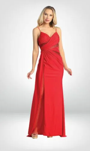 Vestido de noche color rojo largo tirantes transparencias en torso y abertura en pierna talla 10
