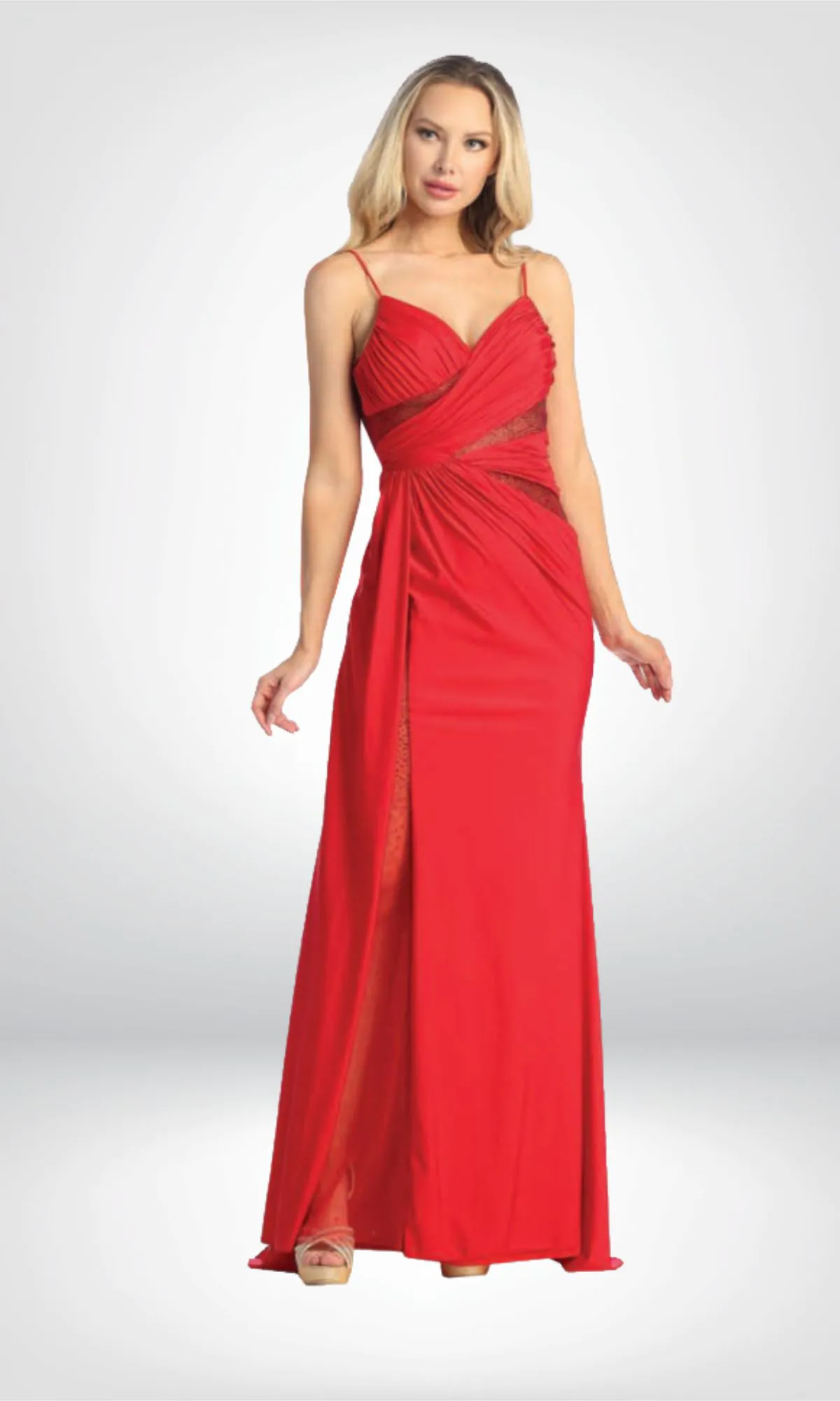 Vestido de noche color rojo largo tirantes transparencias en torso y abertura en pierna talla 10