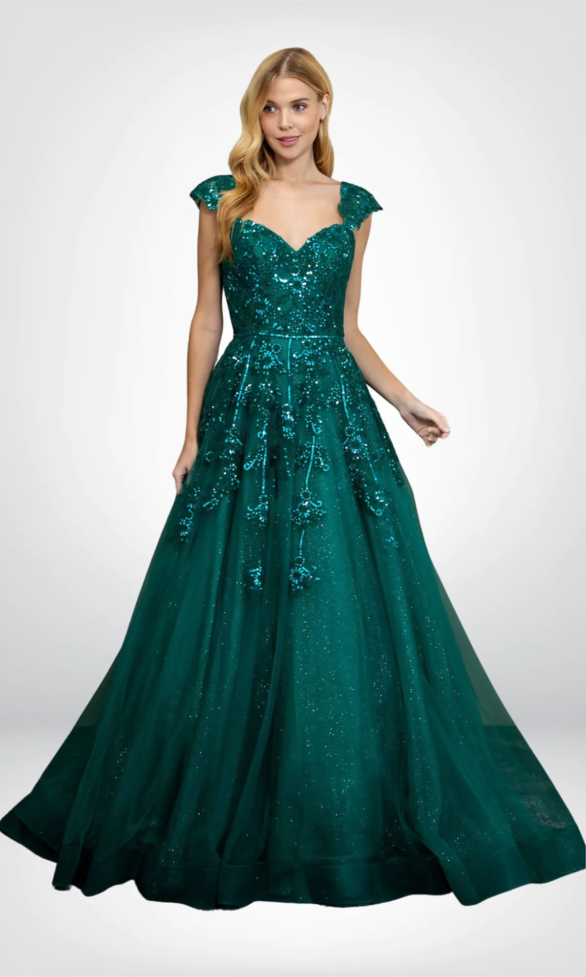 Vestido de noche color verde esmeralda largo aplicaciones en torso corte a talla 10