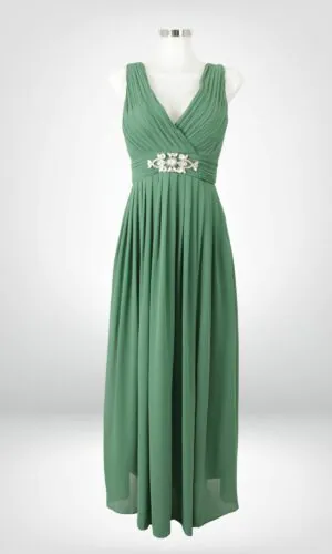 Vestido de noche largo verde matcha detalle en cintura sin mangas talla 20