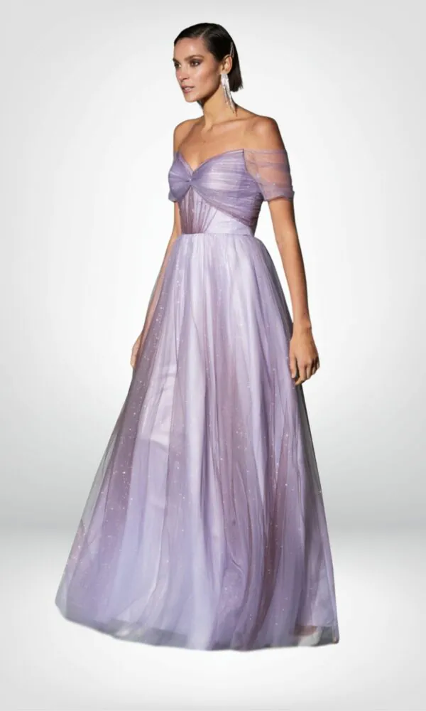 Vestido de noche largo lila hombros descubiertos tela brillante talla 12