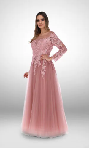 Vestido de noche largo talla 16 manga larga rosa cuello redondo cierre en la espalda detalles en torso y falda