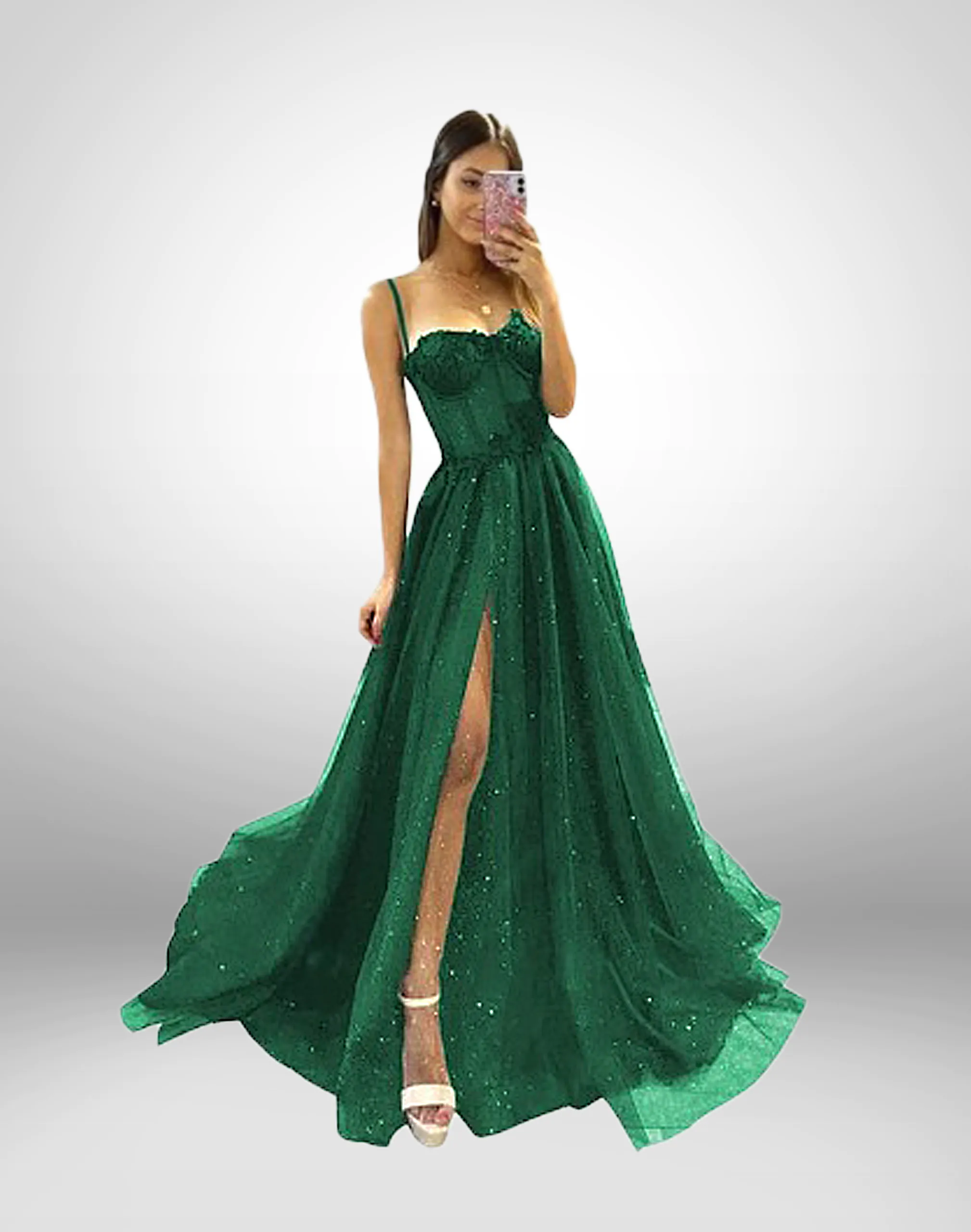 Vestido de noche verde largo abertura en pierna tirantes largo talla 6