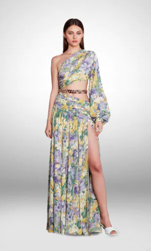 Vestido de noche lago estampado floral cinturón de cadena escote asimétrico manga larga talla 8