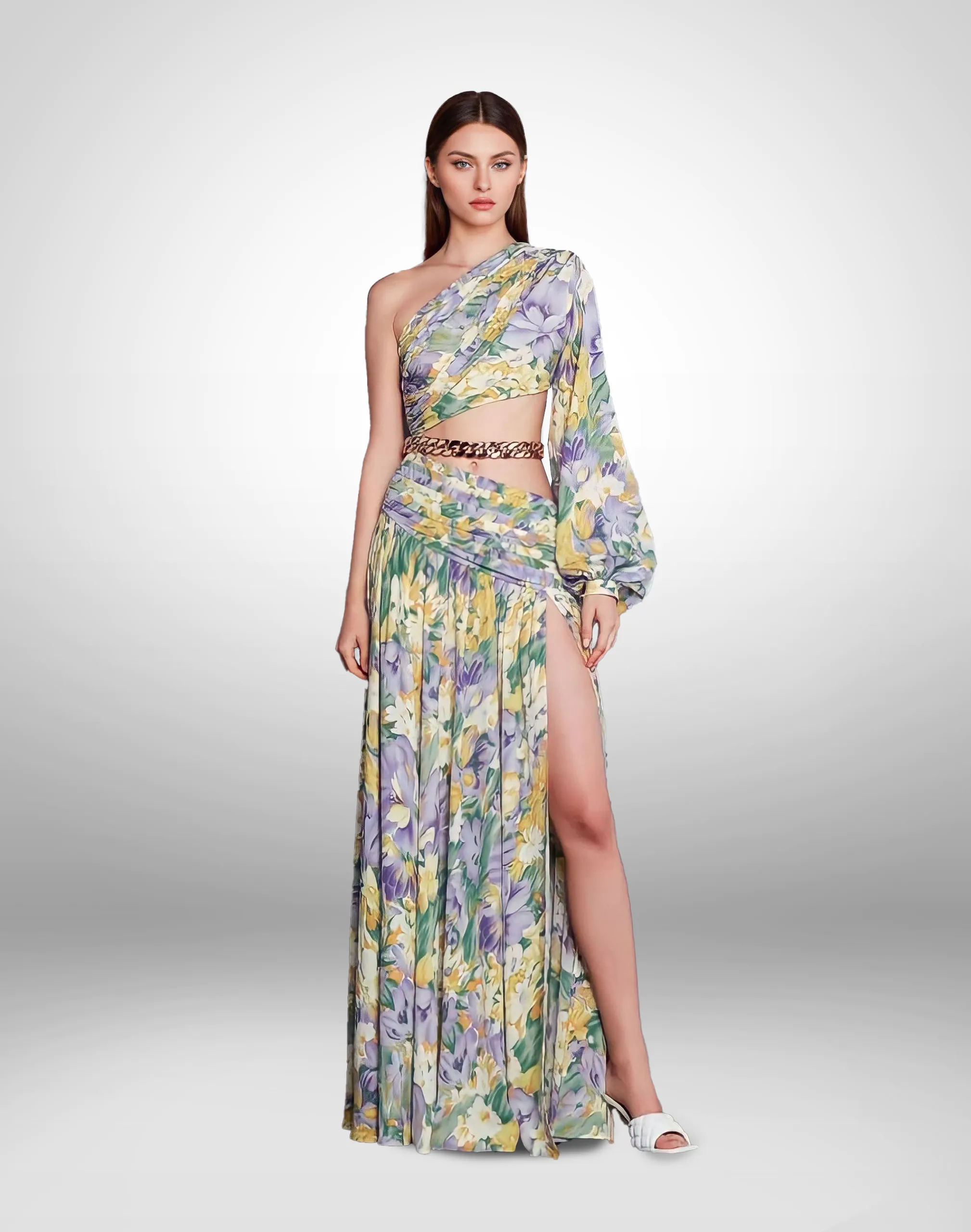 Vestido de noche lago estampado floral cinturón de cadena escote asimétrico manga larga talla 8