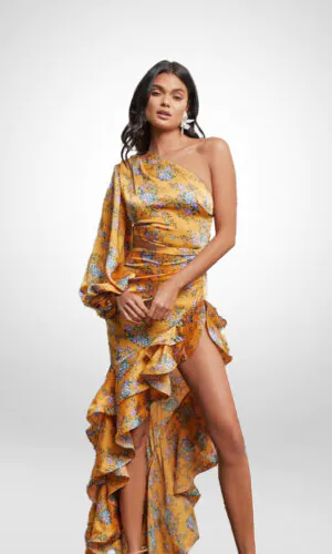 Vestido de noche largo escote asimétrico escarolas en falda manga larga estampado floral talla 14