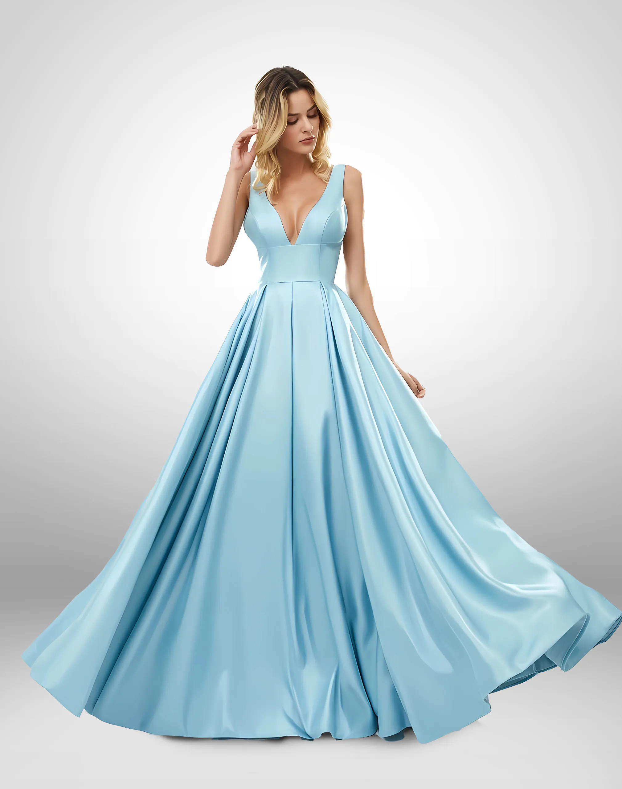 Vestido de noche azul cielo largo corte a escote en v plisado talla 16