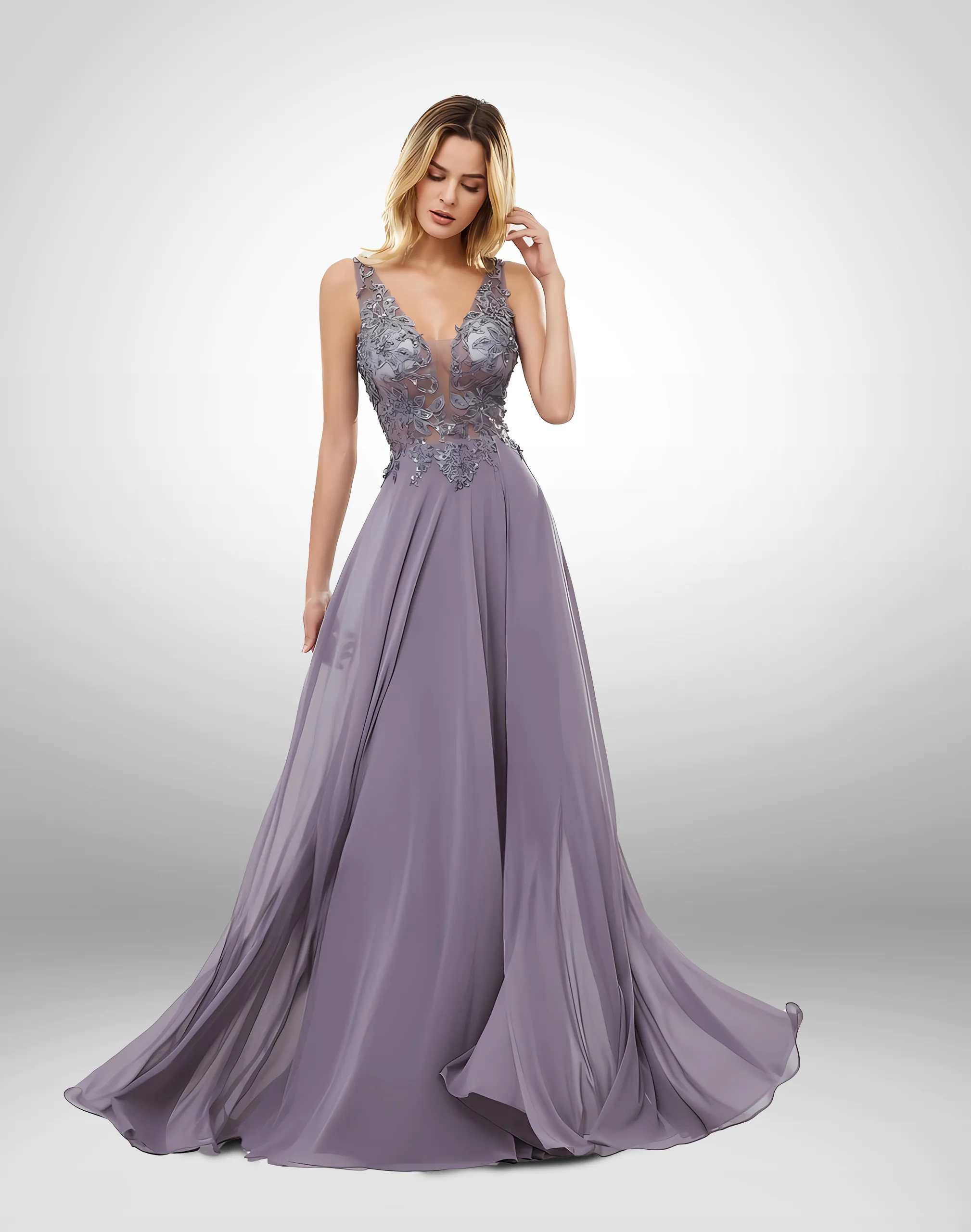 Vestido de noche largo color morado escote en v sin mangas detalles florales en torso espalda descubierta vaporoso talla 12